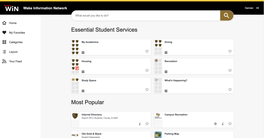 Screenshot of the WIN homepage showing Essential Student Services